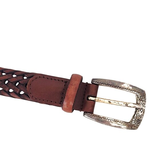 Vintage Unisex Woven Leather Belt Brown Silver Buckle 40.5" length size Large - Picture 2 of 7